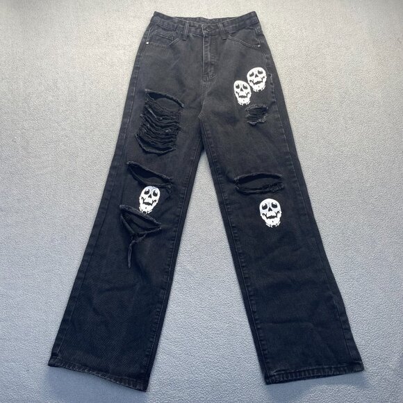 Romwe Grundge Gothic Black Skull Jeans Size Small,Y2K,Teens,High‎ Rise - Picture 3 of 15